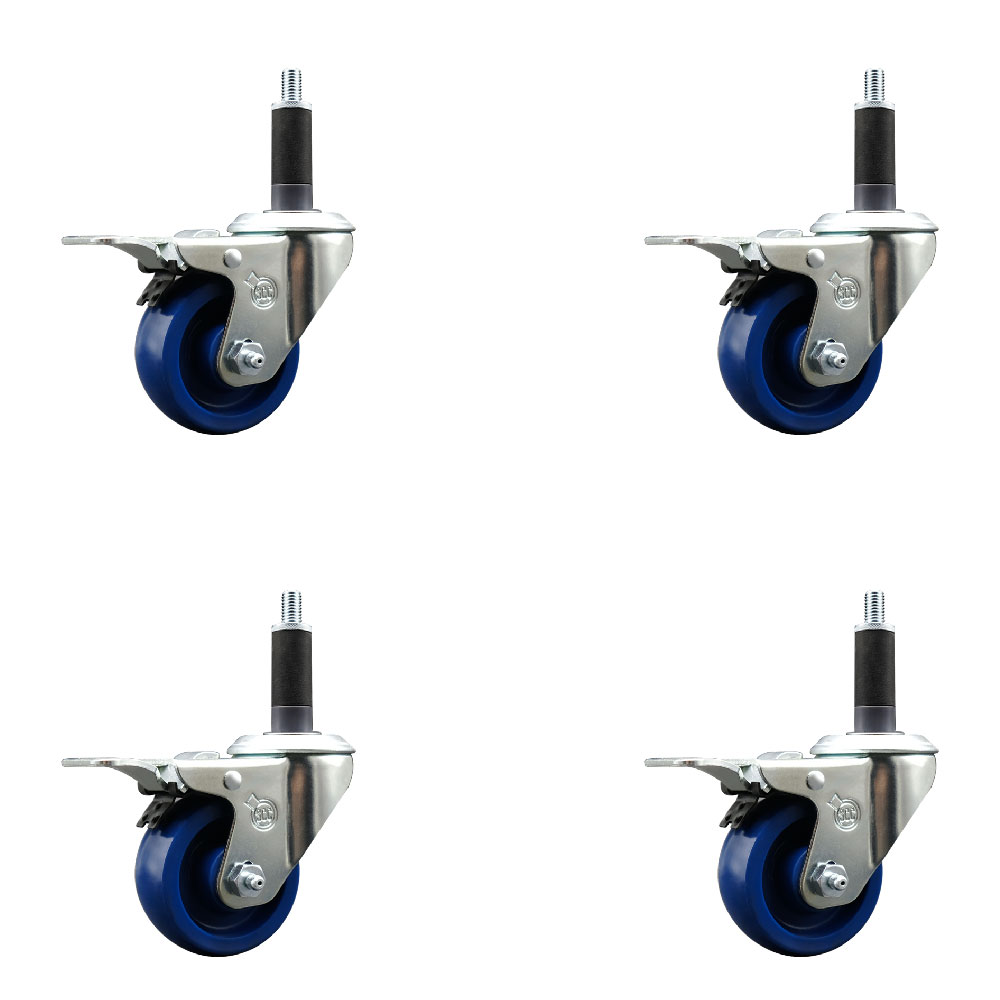 Stainless Steel Solid Polyurethane Swivel Expanding Stem Caster Set of 4 with 3 Inch Blue Wheels and 1" Stems - 4 Swivel with Total Locking Brakes - 300 lbs. Capacity Per Caster - Service Caster Brand — photo 1