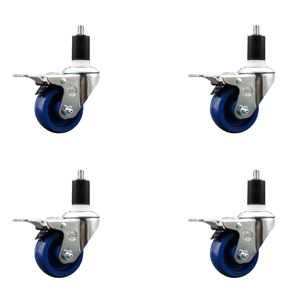 Stainless Steel Solid Polyurethane Swivel Expanding Stem Caster Set of 4 with 3 Inch Blue Wheels and 1-1/2" Stems-4 Swivel with Total Locking Brakes-300 lbs. Capacity Per Caster-Service Caster Brand — photo 1