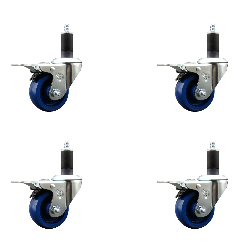 Solid Polyurethane Swivel Expanding Stem Caster Set of 4 with 3 Inch Blue Wheels and 1-1/4" Stems - Includes 4 Swivel with Total Locking Brakes - 300 lbs. Capacity Per Caster - Service Caster Brand — photo 1