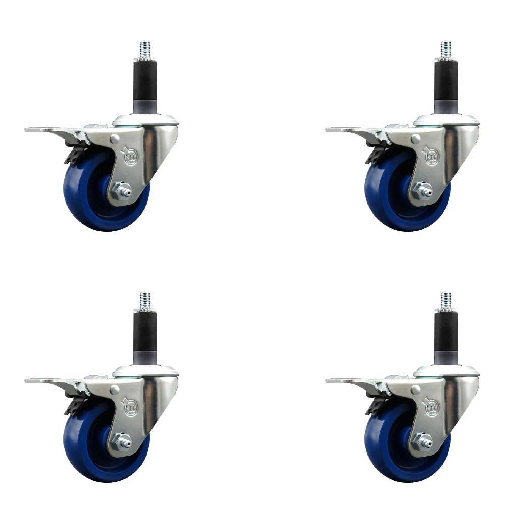 Stainless Steel Solid Polyurethane Swivel Expanding Stem Caster Set of 4 with 3 Inch Blue Wheels and 1-1/8" Stems-4 Swivel with Total Locking Brakes-300 lbs. Capacity Per Caster-Service Caster Brand — photo 1