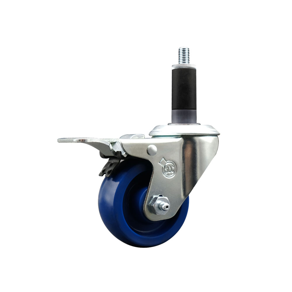 Solid Polyurethane Expanding Stem Swivel Caster with 3 Inch Blue Wheel and 1-1/8" Stem & Total Locking Brake - 300 lbs. Capacity Per Caster - Service Caster Brand — photo 1