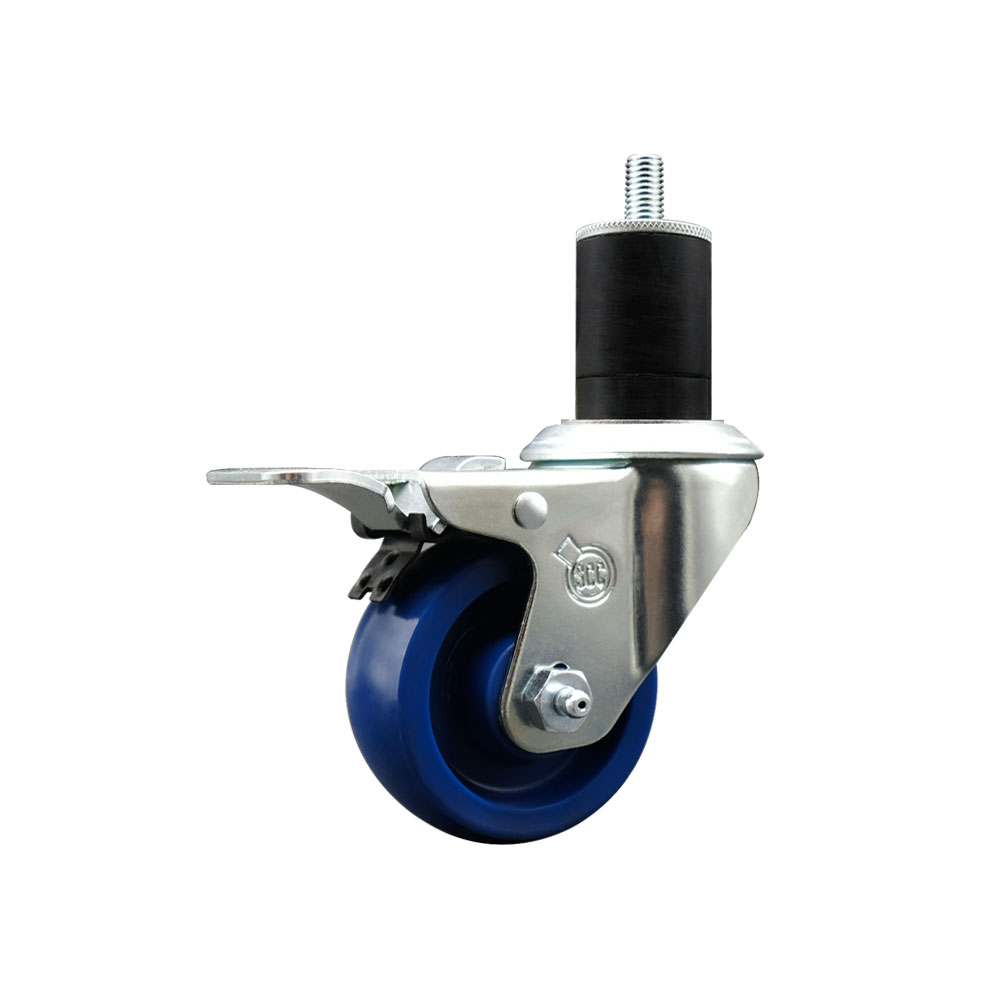 Solid Polyurethane Expanding Stem Swivel Caster with 3 Inch Blue Wheel and 1-3/4" Stem & Total Locking Brake - 300 lbs. Capacity Per Caster - Service Caster Brand — photo 1