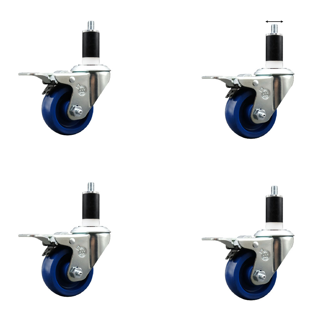 Stainless Steel Solid Polyurethane Swivel Expanding Stem Caster Set of 4 with 3 Inch Blue Wheels and 1-3/8" Stems-4 Swivel with Total Locking Brakes-300 lbs. Capacity Per Caster-Service Caster Brand — photo 1