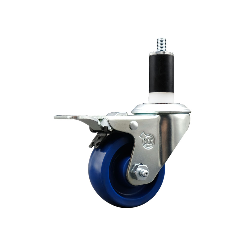 Solid Polyurethane Expanding Stem Swivel Caster with 3 Inch Blue Wheel and 1-3/8" Stem & Total Locking Brake - 300 lbs. Capacity Per Caster - Service Caster Brand — photo 1