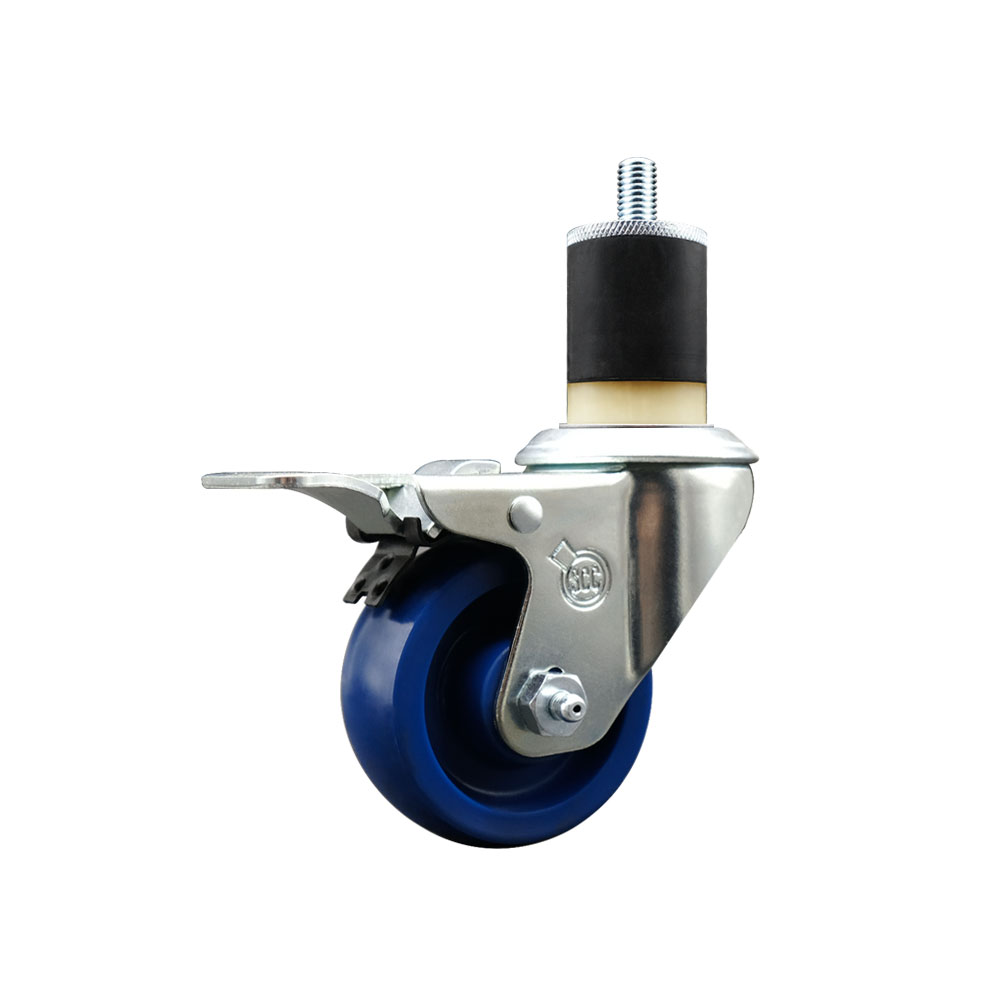 Stainless Steel Solid Polyurethane Expanding Stem Swivel Caster with 3 Inch Blue Wheel and 1-7/8" Stem & Total Locking Brake - 300 lbs. Capacity Per Caster - Service Caster Brand — photo 1