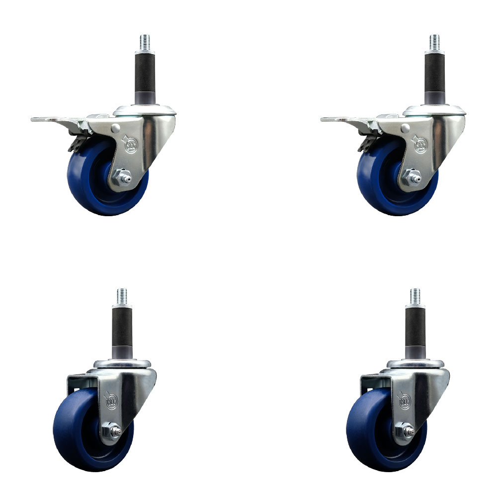 Solid Polyurethane Swivel Expanding Stem Caster Set of 4 with 3 Inch Blue Wheels and 1" Stems - Includes 2 with Total Locking Brakes - 1200 lbs Total Capacity - Service Caster Brand — photo 1