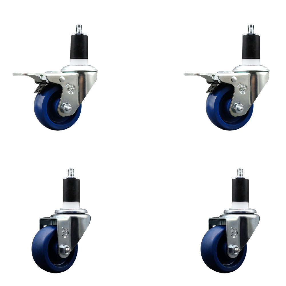 Solid Polyurethane Swivel Expanding Stem Caster Set of 4 with 3 Inch Blue Wheels and 1-1/2" Stems - Includes 2 with Total Locking Brakes - 1200 lbs Total Capacity - Service Caster Brand — photo 1