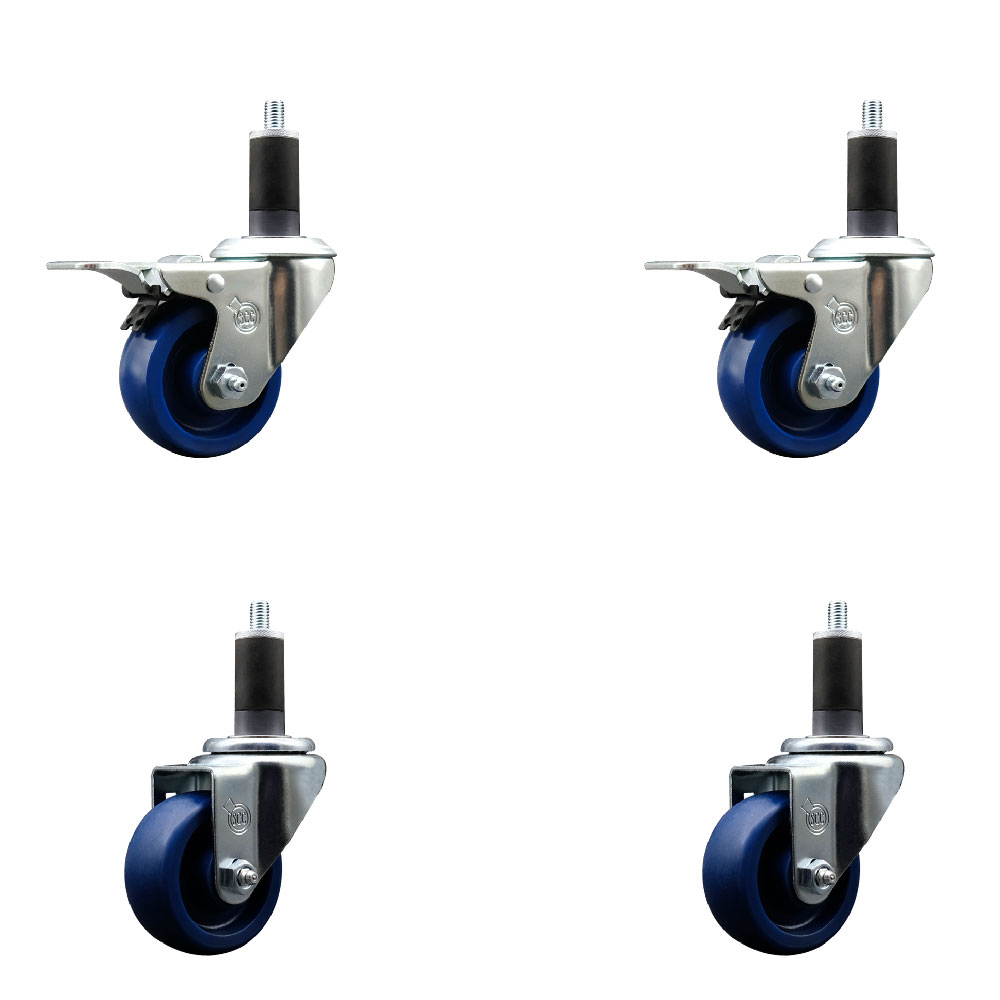 Solid Polyurethane Swivel Expanding Stem Caster Set of 4 with 3 Inch Blue Wheels and 1-1/4" Stems - Includes 2 with Total Locking Brakes - 1200 lbs Total Capacity - Service Caster Brand — photo 1