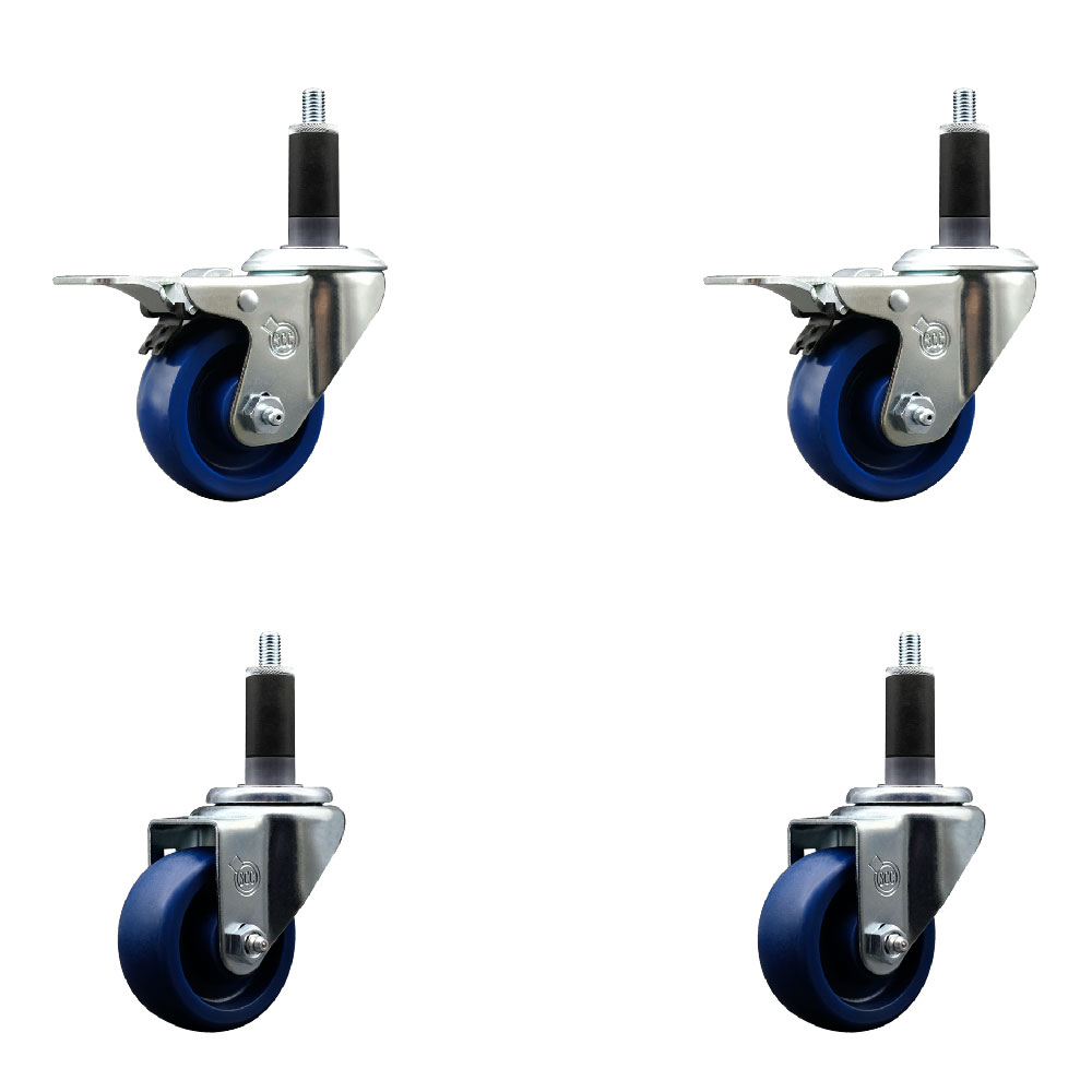 Solid Polyurethane Swivel Expanding Stem Caster Set of 4 with 3 Inch Blue Wheels and 1-1/8" Stems - Includes 2 with Total Locking Brakes - 1200 lbs Total Capacity - Service Caster Brand — photo 1