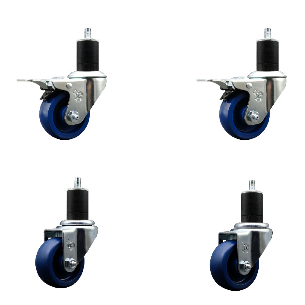 Solid Polyurethane Swivel Expanding Stem Caster Set of 4 with 3 Inch Blue Wheels and 1-3/4" Stems - Includes 2 with Total Locking Brakes - 1200 lbs Total Capacity - Service Caster Brand — photo 1