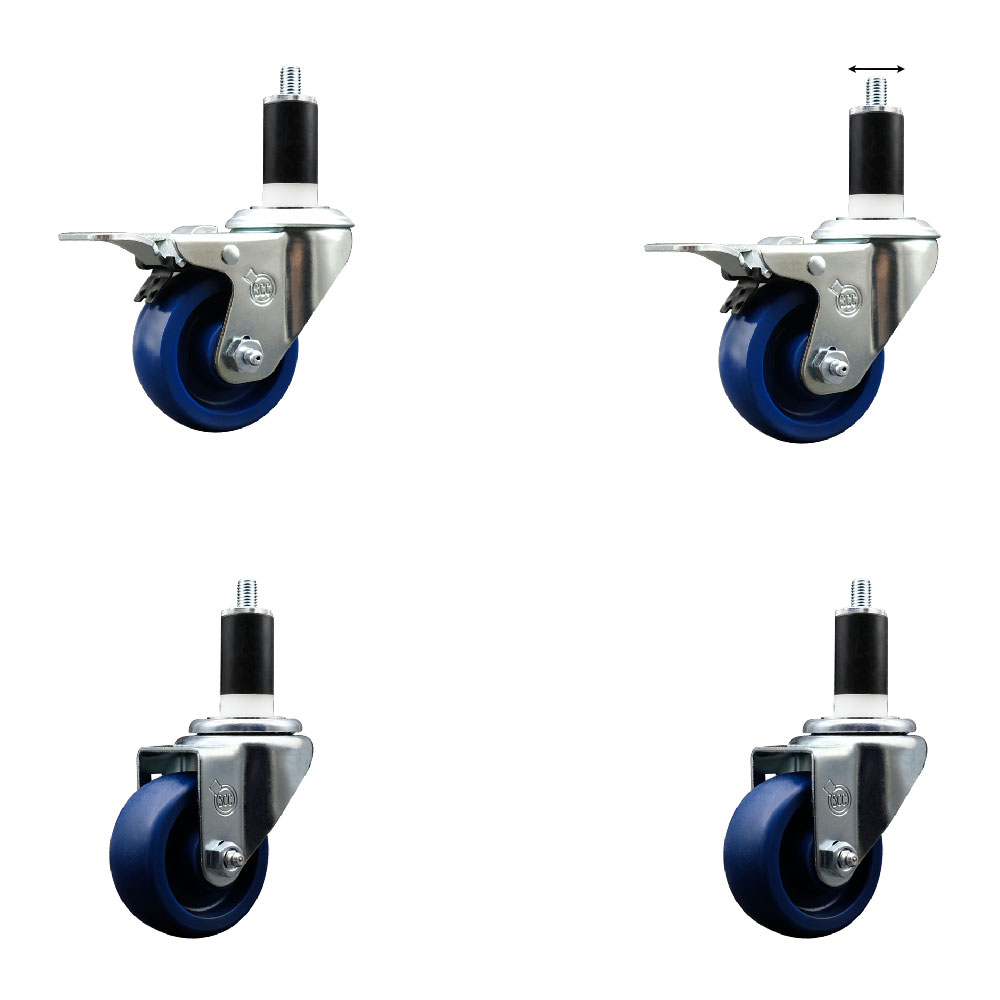 Solid Polyurethane Swivel Expanding Stem Caster Set of 4 with 3 Inch Blue Wheels and 1-3/8" Stems - Includes 2 with Total Locking Brakes - 1200 lbs Total Capacity - Service Caster Brand — photo 1