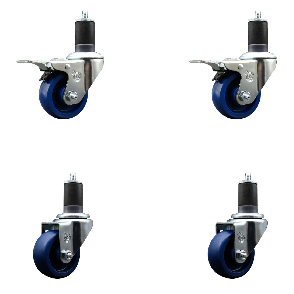Solid Polyurethane Swivel Expanding Stem Caster Set of 4 with 3 Inch Blue Wheels and 1-5/8" Stems - Includes 2 with Total Locking Brakes - 1200 lbs Total Capacity - Service Caster Brand — photo 1