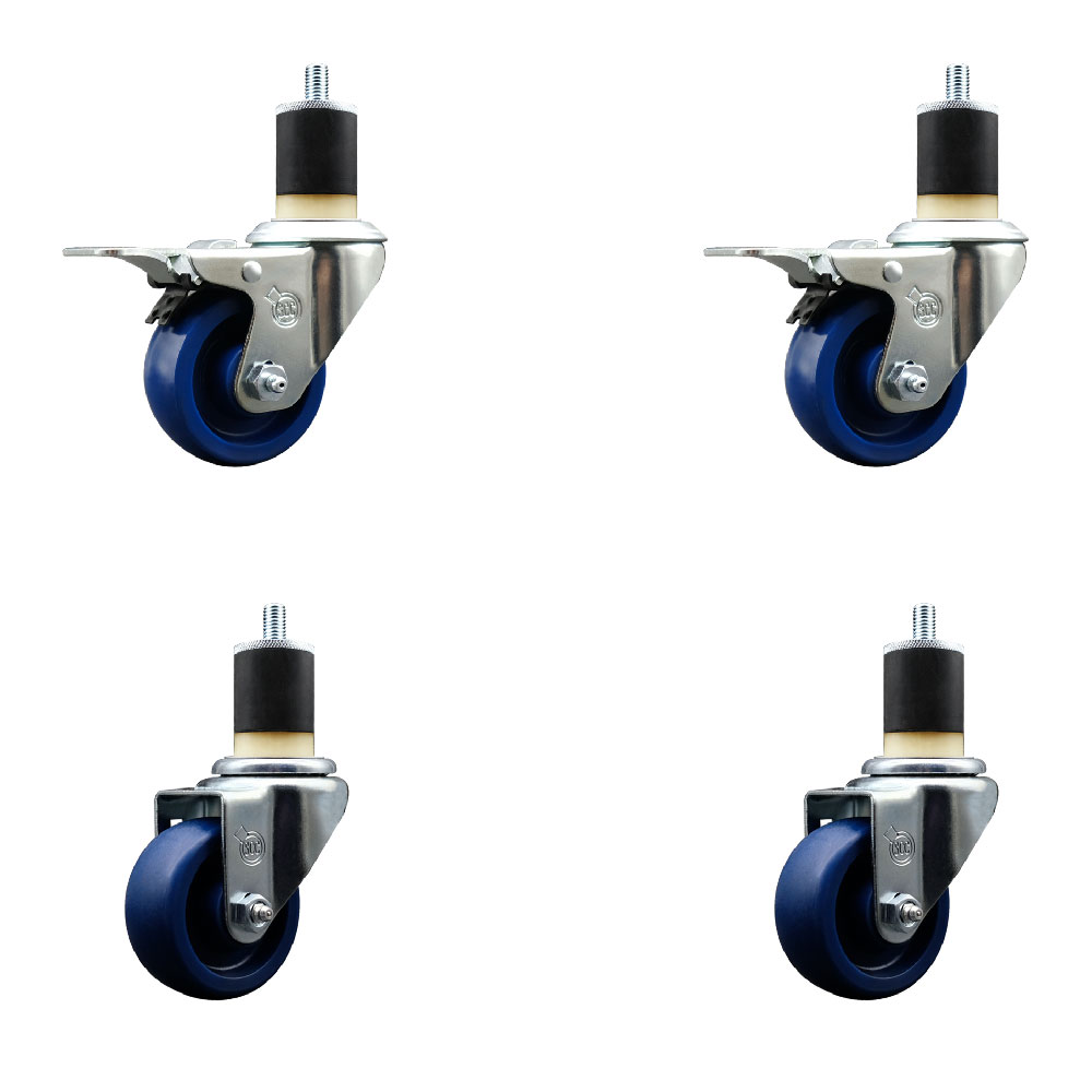 Stainless Steel Solid Polyurethane Swivel Expanding Stem Caster Set of 4 with 3 Inch Blue Wheels and 1-7/8" Stems - 2 with Total Locking Brakes - 1200 lbs Total Capacity - Service Caster Brand — photo 1