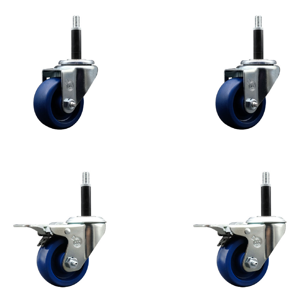 Stainless Steel Solid Polyurethane Swivel Expanding Stem Caster Set of 4 with 3 Inch Blue Wheels and 3/4" Stems - Includes 2 with Total Locking Brakes - 1200 lbs Total Capacity - Service Caster Brand — photo 1