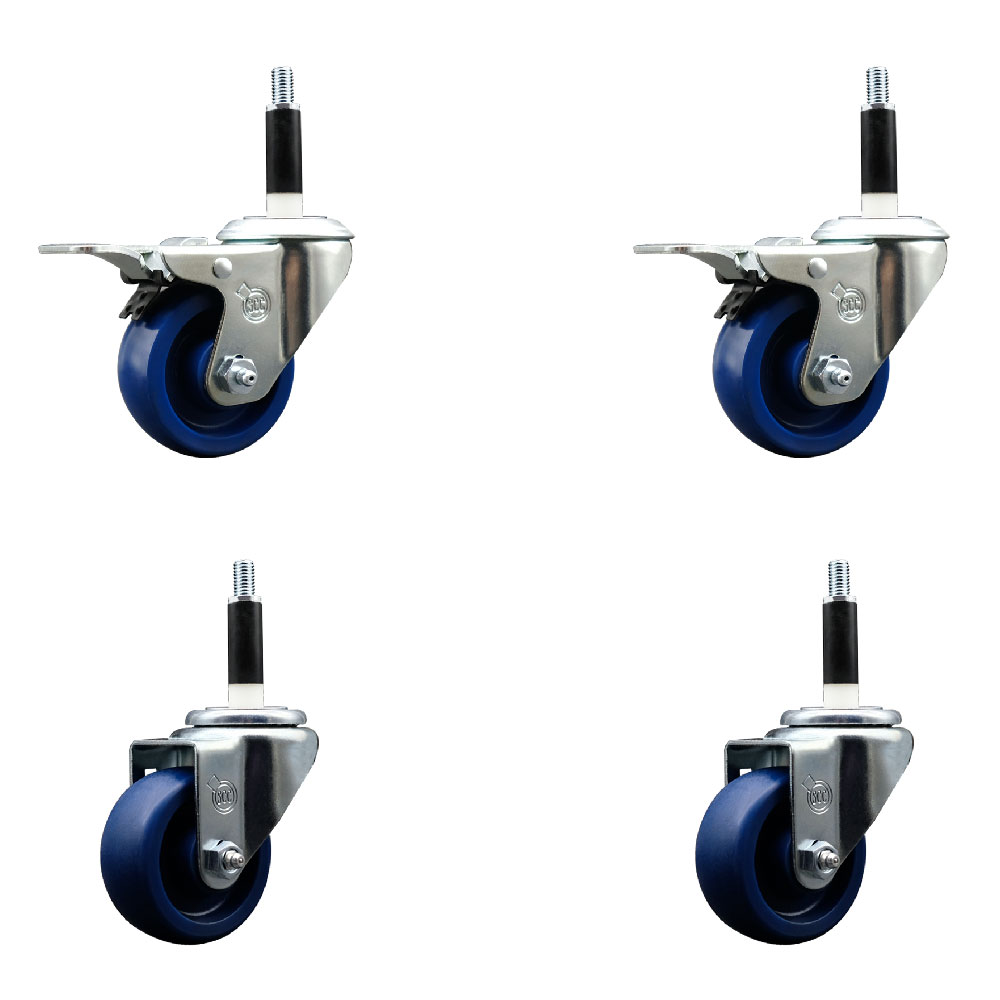 Solid Polyurethane Swivel Expanding Stem Caster Set of 4 with 3 Inch Blue Wheels and 7/8" Stems - Includes 2 with Total Locking Brakes - 1200 lbs Total Capacity - Service Caster Brand — photo 1
