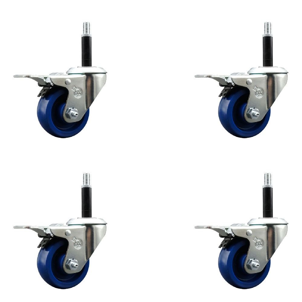 Stainless Steel Solid Polyurethane Swivel Expanding Stem Caster Set of 4 with 3 Inch Blue Wheels and 3/4" Stems-4 Swivel with Total Locking Brakes-300 lbs. Capacity Per Caster-Service Caster Brand — photo 1