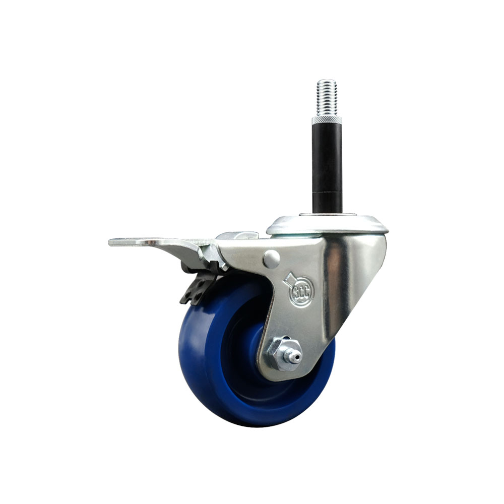 Solid Polyurethane Expanding Stem Swivel Caster with 3 Inch Blue Wheel and 3/4" Stem & Total Locking Brake - 300 lbs. Capacity Per Caster - Service Caster Brand — photo 1