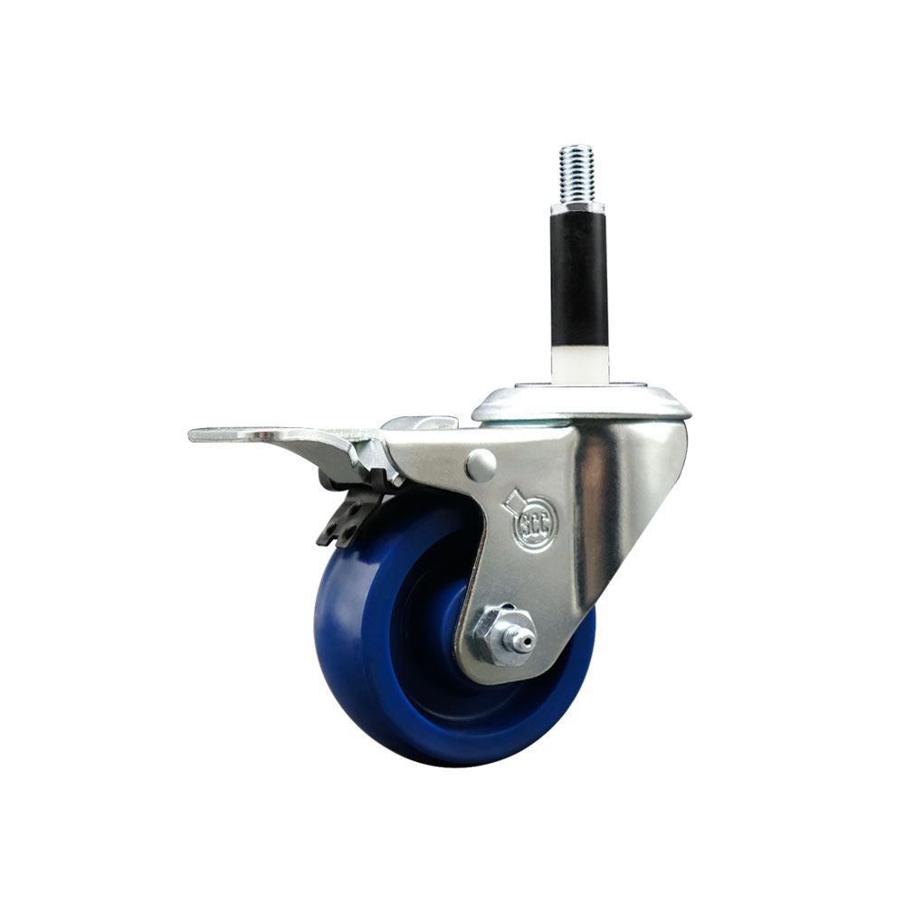 Solid Polyurethane Expanding Stem Swivel Caster with 3 Inch Blue Wheel and 7/8" Stem & Total Locking Brake - 300 lbs. Capacity Per Caster - Service Caster Brand — photo 1