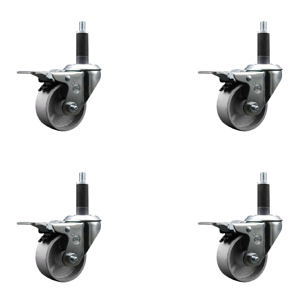 Semi Steel Cast Iron Swivel Expanding Stem Caster Set of 4 with Roller Bearings - 3" x 1.5" Silver Wheels and 1" Stems - 4 with Total Lock Brakes - 1200 lbs Total Capacity - Service Caster Brand — photo 1