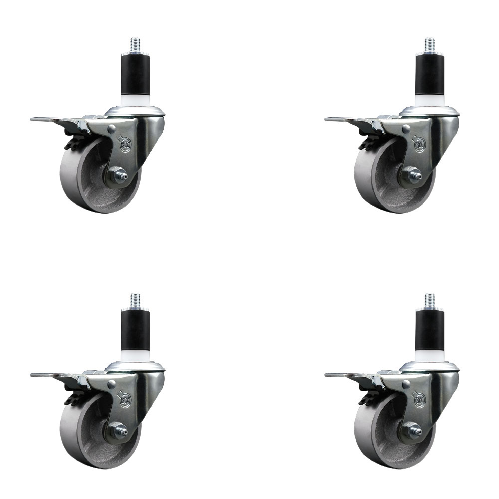 Semi Steel Cast Iron Swivel Expanding Stem Caster Set of 4 with 3 Inch Silver Wheels and 1-1/2" Stems - 4 Swivel with Total Locking Brakes - 300 lbs. Capacity Per Caster - Service Caster Brand — photo 1