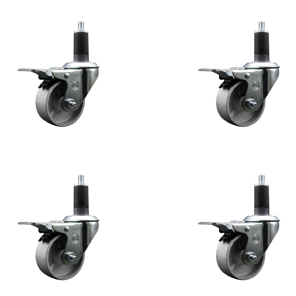 Semi Steel Cast Iron Swivel Expanding Stem Caster Set of 4 with Roller Bearings - 3" x 1.5" Silver Wheels and 1-1/4" Stems - 4 with Total Lock Brakes - 1200 lbs Total Capacity - Service Caster Brand — photo 1