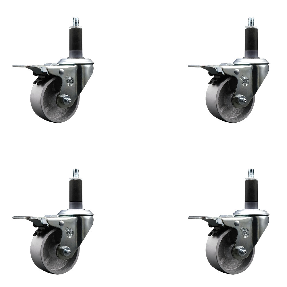 Semi Steel Cast Iron Swivel Expanding Stem Caster Set of 4 with 3 Inch Silver Wheels and 1-1/8" Stems - 4 Swivel with Total Locking Brakes - 300 lbs. Capacity Per Caster - Service Caster Brand — photo 1
