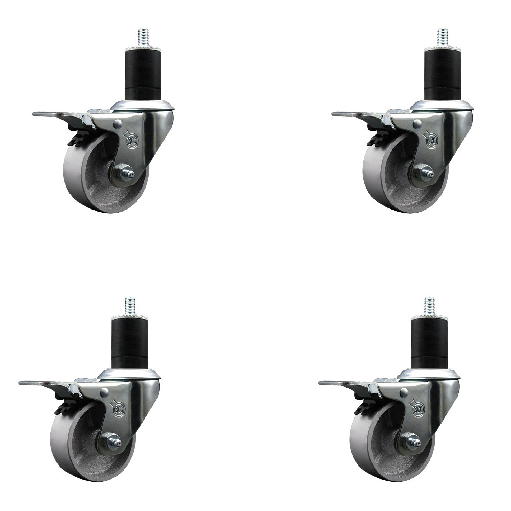 Semi Steel Cast Iron Swivel Expanding Stem Caster Set of 4 with Roller Bearings - 3" x 1.5" Silver Wheels and 1-3/4" Stems - 4 with Total Lock Brakes - 1200 lbs Total Capacity - Service Caster Brand — photo 1