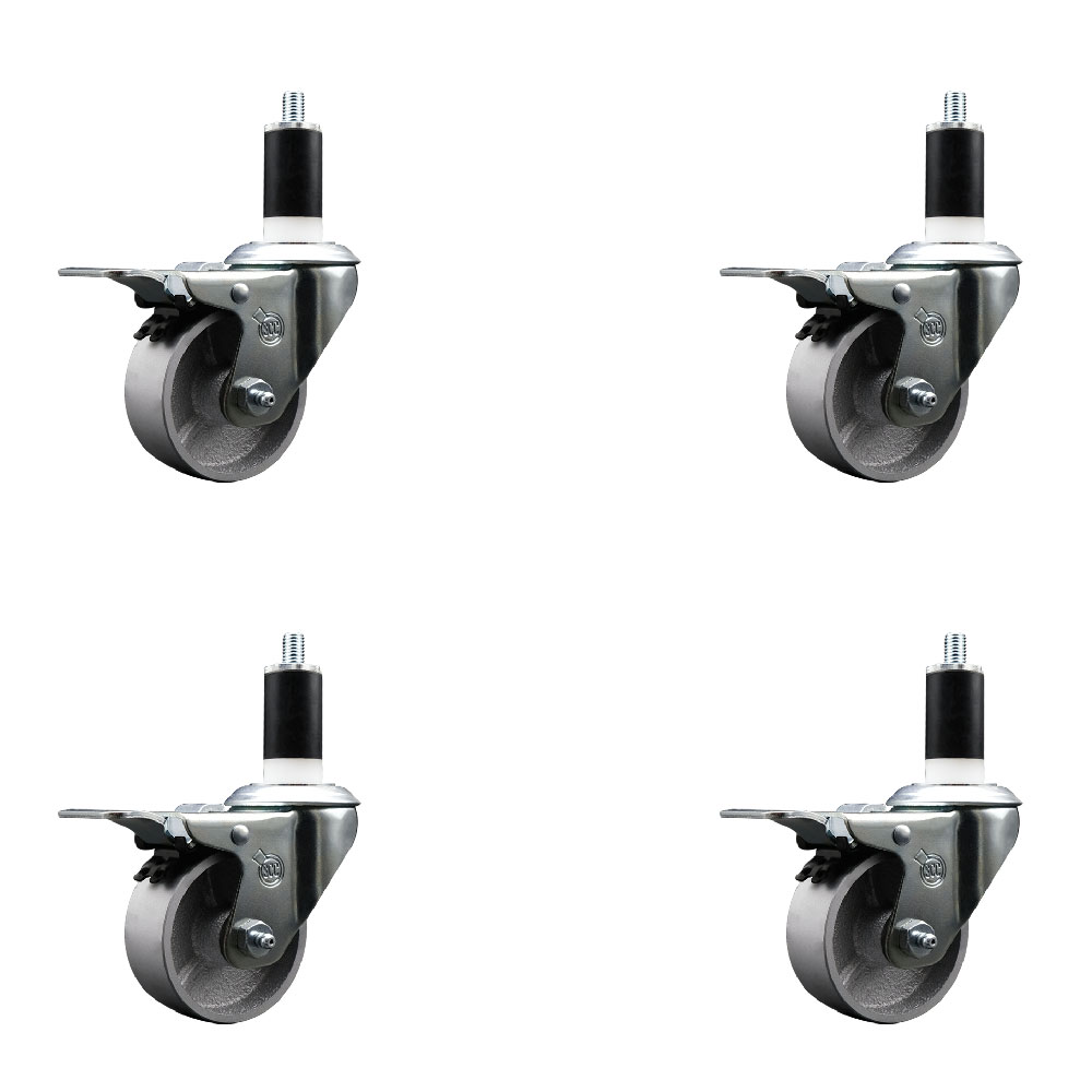 Semi Steel Cast Iron Swivel Expanding Stem Caster Set of 4 with Roller Bearings - 3" x 1.5" Silver Wheels and 1-3/8" Stems - 4 with Total Lock Brakes - 1200 lbs Total Capacity - Service Caster Brand — photo 1