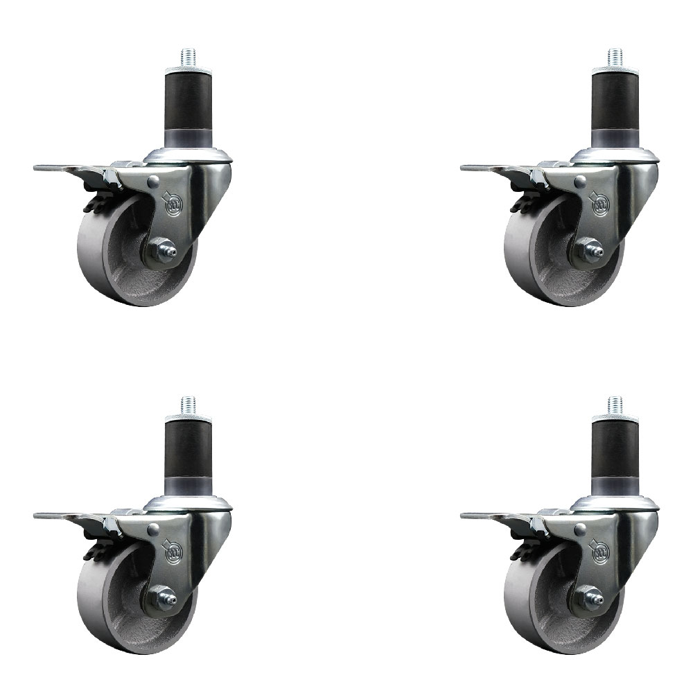 Semi Steel Cast Iron Swivel Expanding Stem Caster Set of 4 with Roller Bearings - 3" x 1.5" Silver Wheels and 1-5/8" Stems - 4 with Total Lock Brakes - 1200 lbs Total Capacity - Service Caster Brand — photo 1