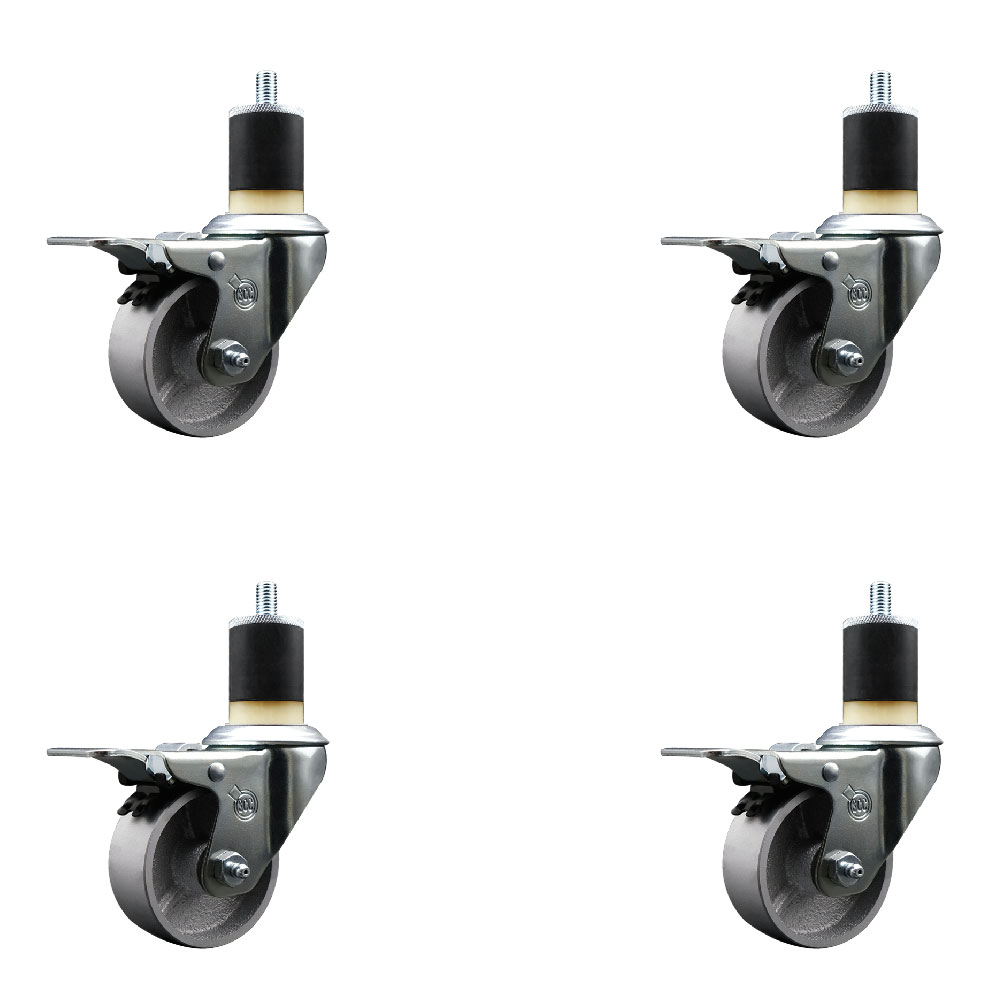 Semi Steel Cast Iron Swivel Expanding Stem Caster Set of 4 with 3 Inch Silver Wheels and 1-7/8" Stems - 4 Swivel with Total Locking Brakes - 300 lbs. Capacity Per Caster - Service Caster Brand — photo 1