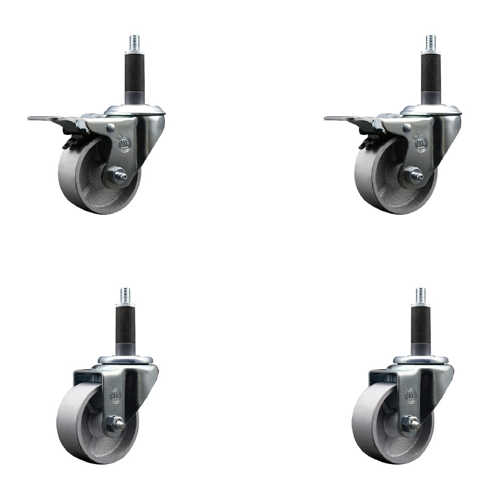 Semi Steel Cast Iron Swivel Expanding Stem Caster Set of 4 with 3 Inch Silver Wheels and 1" Stems - Includes 2 with Total Locking Brakes - 1200 lbs Total Capacity - Service Caster Brand — photo 1