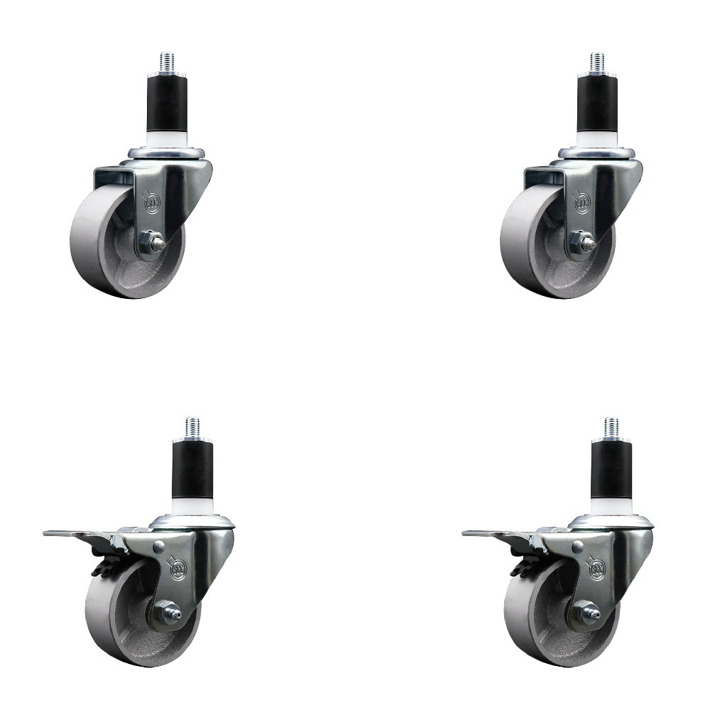 Semi Steel Cast Iron Swivel Expanding Stem Caster Set of 4 w/Roller Bearings - 3" x 1.5" Silver Wheels and 1-1/2" Stems - 2 with Total Locking Brakes - 1200 lbs Total Capacity - Service Caster Brand — photo 1