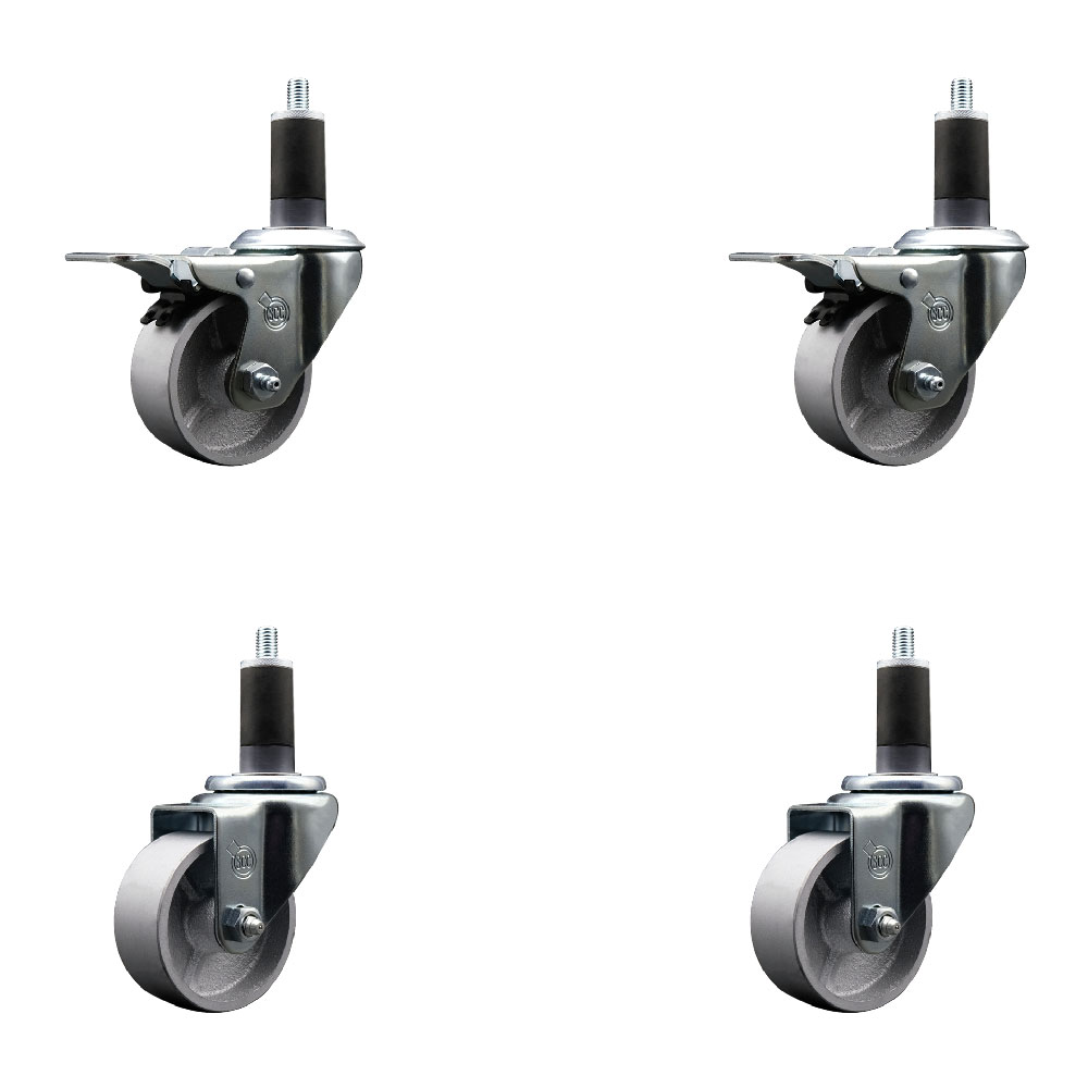 Semi Steel Cast Iron Swivel Expanding Stem Caster Set of 4 w/Roller Bearings - 3" x 1.5" Silver Wheels and 1-1/4" Stems - 2 with Total Locking Brakes - 1200 lbs Total Capacity - Service Caster Brand — photo 1