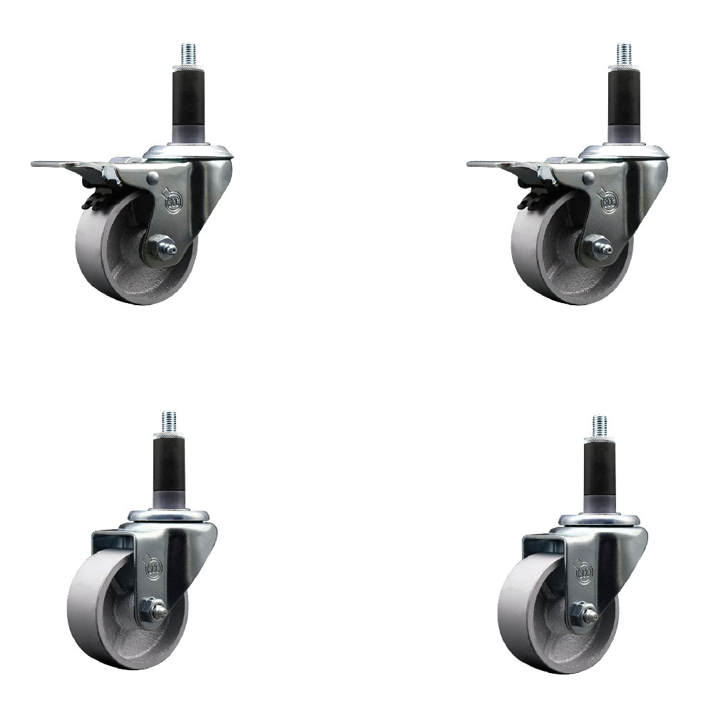 Semi Steel Cast Iron Swivel Expanding Stem Caster Set of 4 w/Roller Bearings - 3" x 1.5" Silver Wheels and 1-1/8" Stems - 2 with Total Locking Brakes - 1200 lbs Total Capacity - Service Caster Brand — photo 1