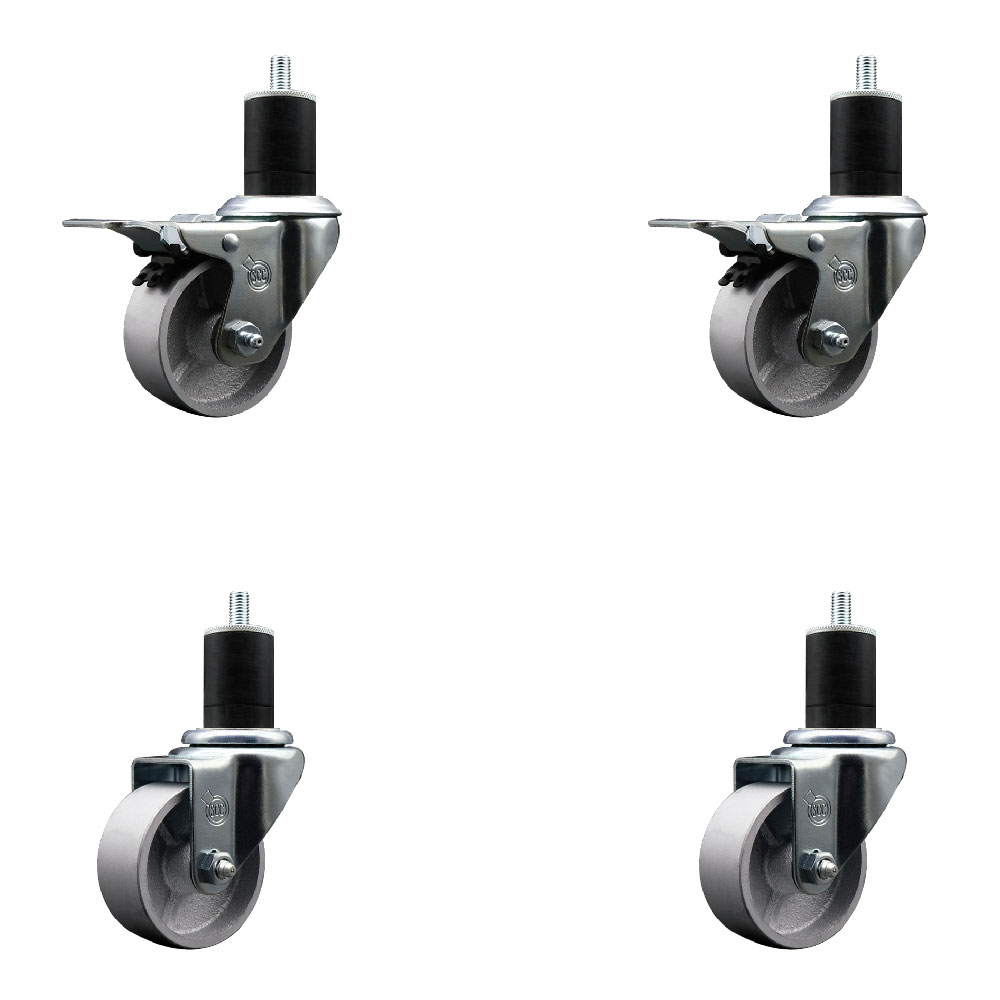 Semi Steel Cast Iron Swivel Expanding Stem Caster Set of 4 with 3 Inch Silver Wheels and 1-3/4" Stems - Includes 2 with Total Locking Brakes - 1200 lbs Total Capacity - Service Caster Brand — photo 1