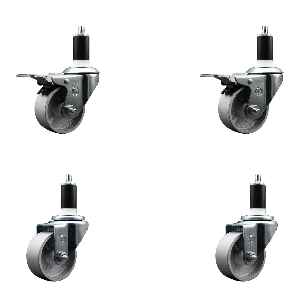 Semi Steel Cast Iron Swivel Expanding Stem Caster Set of 4 w/Roller Bearings - 3" x 1.5" Silver Wheels and 1-3/8" Stems - 2 with Total Locking Brakes - 1200 lbs Total Capacity - Service Caster Brand — photo 1