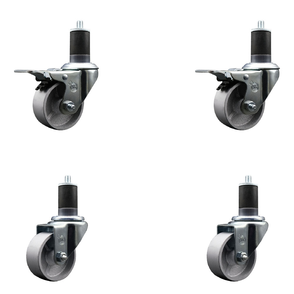 Semi Steel Cast Iron Swivel Expanding Stem Caster Set of 4 w/Roller Bearings - 3" x 1.5" Silver Wheels and 1-5/8" Stems - 2 with Total Locking Brakes - 1200 lbs Total Capacity - Service Caster Brand — photo 1