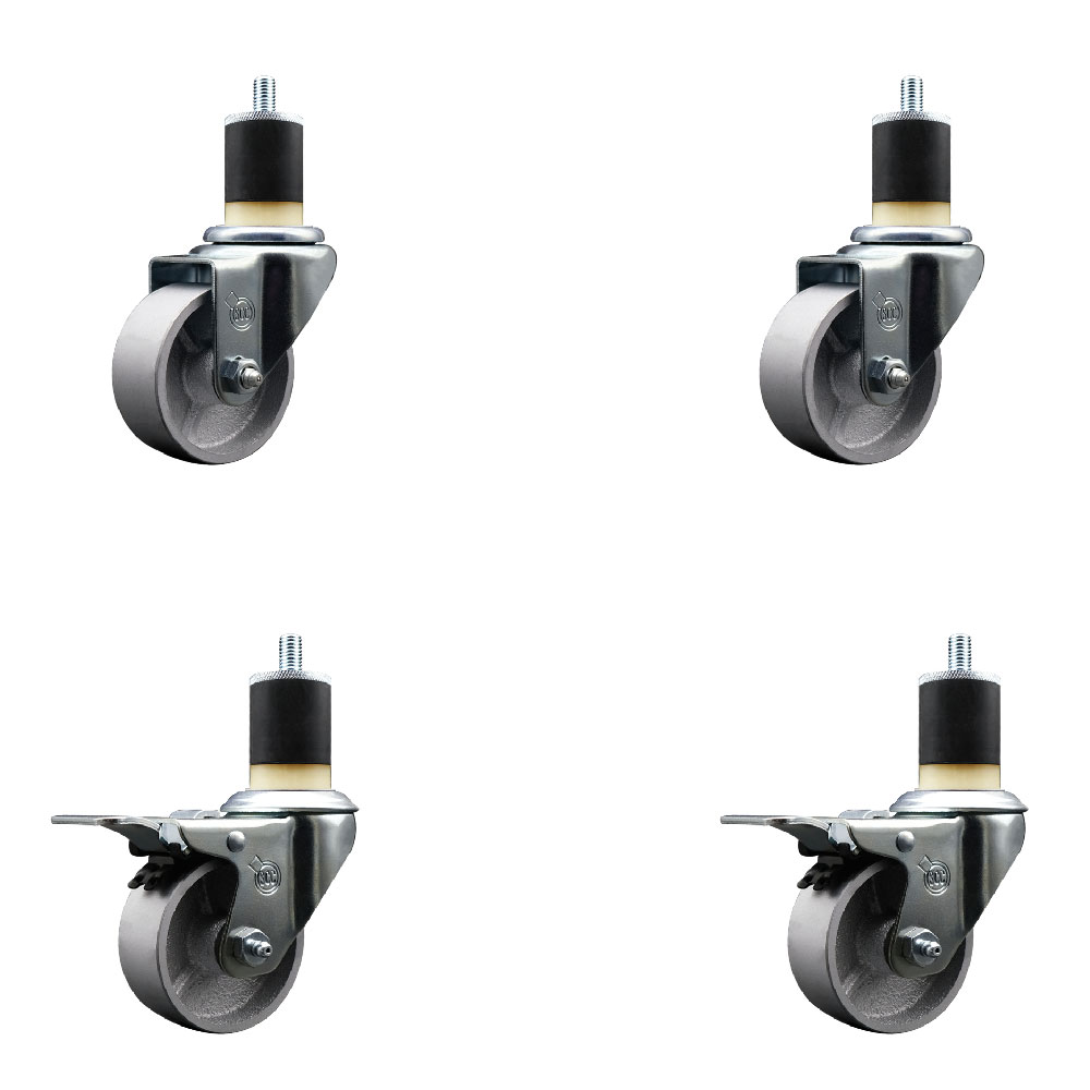 Semi Steel Cast Iron Swivel Expanding Stem Caster Set of 4 w/Roller Bearings - 3" x 1.5" Silver Wheels and 1-7/8" Stems - 2 with Total Locking Brakes - 1200 lbs Total Capacity - Service Caster Brand — photo 1