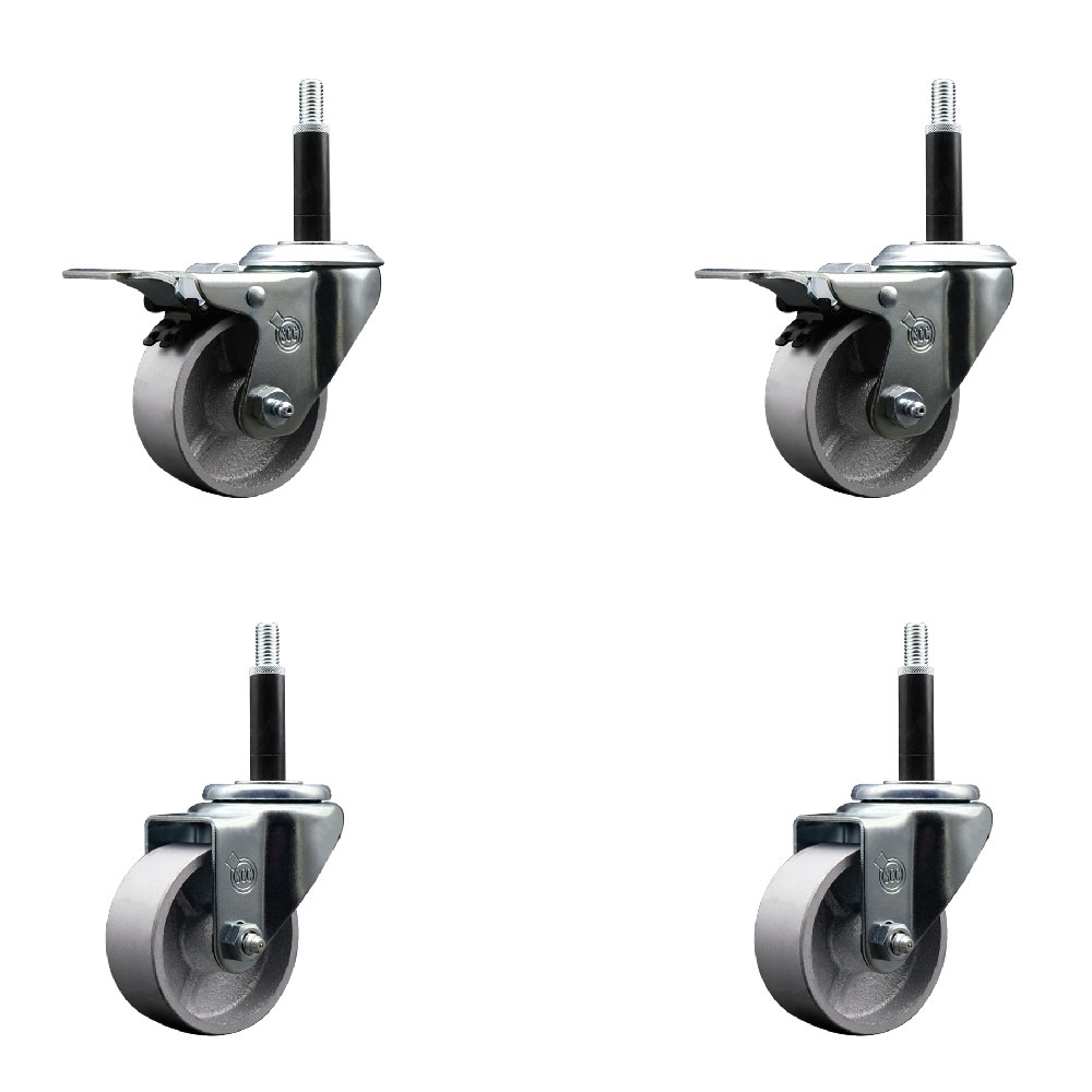 Semi Steel Cast Iron Swivel Expanding Stem Caster Set of 4 w/Roller Bearings - 3" x 1.5" Silver Wheels and 3/4" Stems - 2 with Total Locking Brakes - 1200 lbs Total Capacity - Service Caster Brand — photo 1