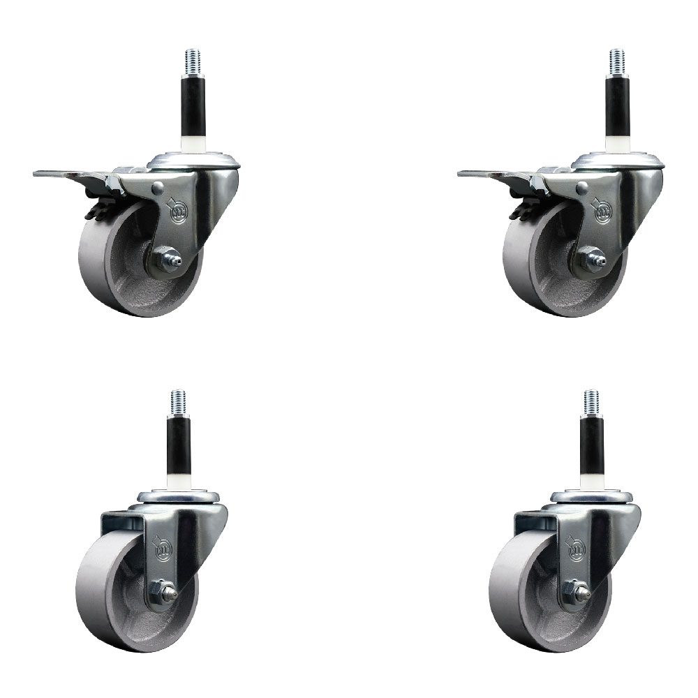Semi Steel Cast Iron Swivel Expanding Stem Caster Set of 4 w/Roller Bearings - 3" x 1.5" Silver Wheels and 7/8" Stems - 2 with Total Locking Brakes - 1200 lbs Total Capacity - Service Caster Brand — photo 1