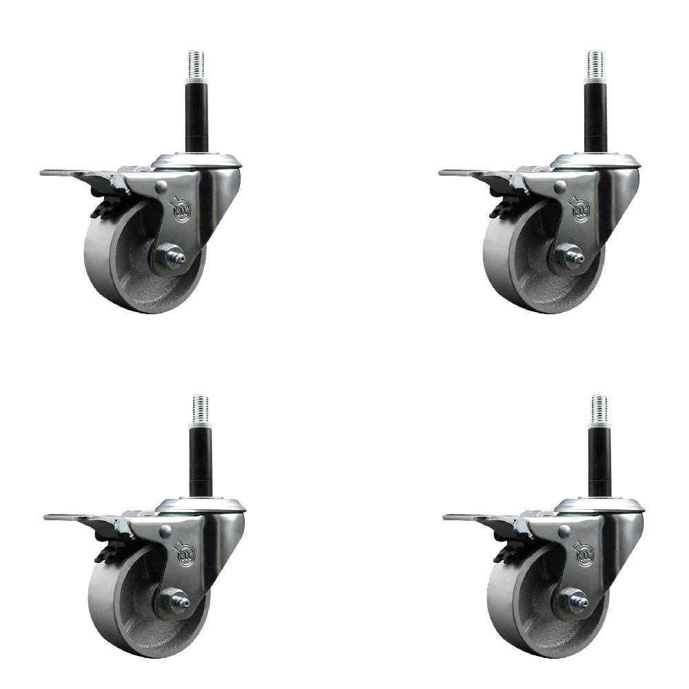 Semi Steel Cast Iron Swivel Expanding Stem Caster Set of 4 with Roller Bearings - 3" x 1.5" Silver Wheels and 3/4" Stems - 4 with Total Lock Brakes - 1200 lbs Total Capacity - Service Caster Brand — photo 1