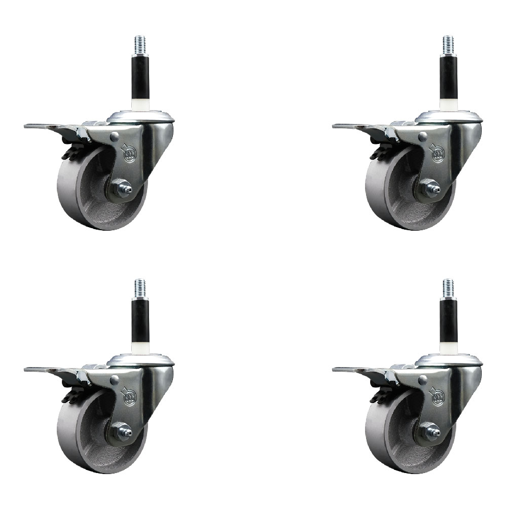 Semi Steel Cast Iron Swivel Expanding Stem Caster Set of 4 with Roller Bearings - 3" x 1.5" Silver Wheels and 7/8" Stems - 4 with Total Lock Brakes - 1200 lbs Total Capacity - Service Caster Brand — photo 1
