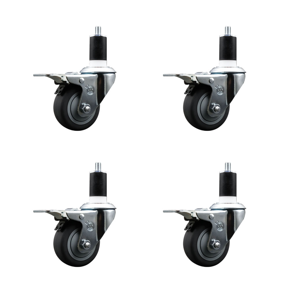 Thermoplastic Rubber Swivel Expanding Stem Caster Set of 4 with 3 Inch Gray Wheels and 1-1/2" Stems - Includes 4 Swivel with Total Locking Brakes - 210 lbs. Capacity Per Caster - Service Caster Brand — photo 1