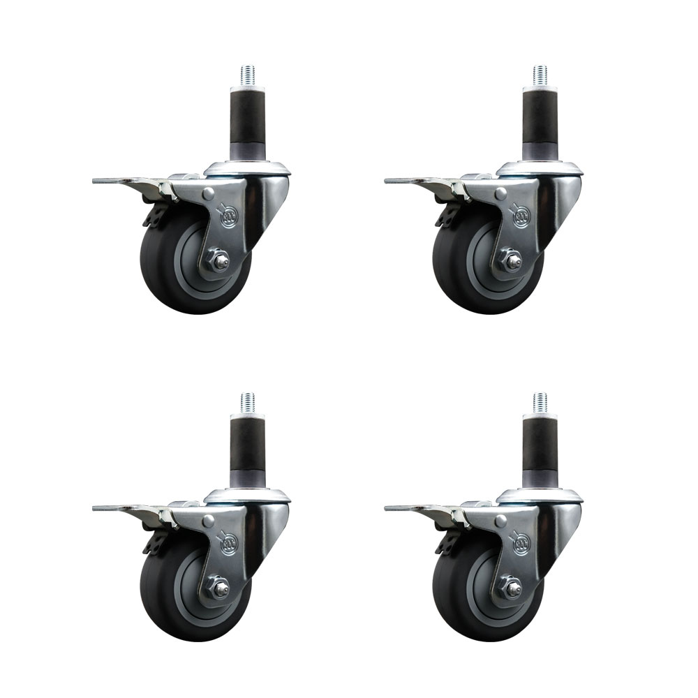 Stainless Steel Thermoplastic Rubber Swivel Expanding Stem Caster Set of 4 with 3 Inch Gray Wheels and 1-1/4" Stems-4 Swivel with Total Locking Brakes-210 lbs. Capacity Per Caster-Service Caster Brand — photo 1
