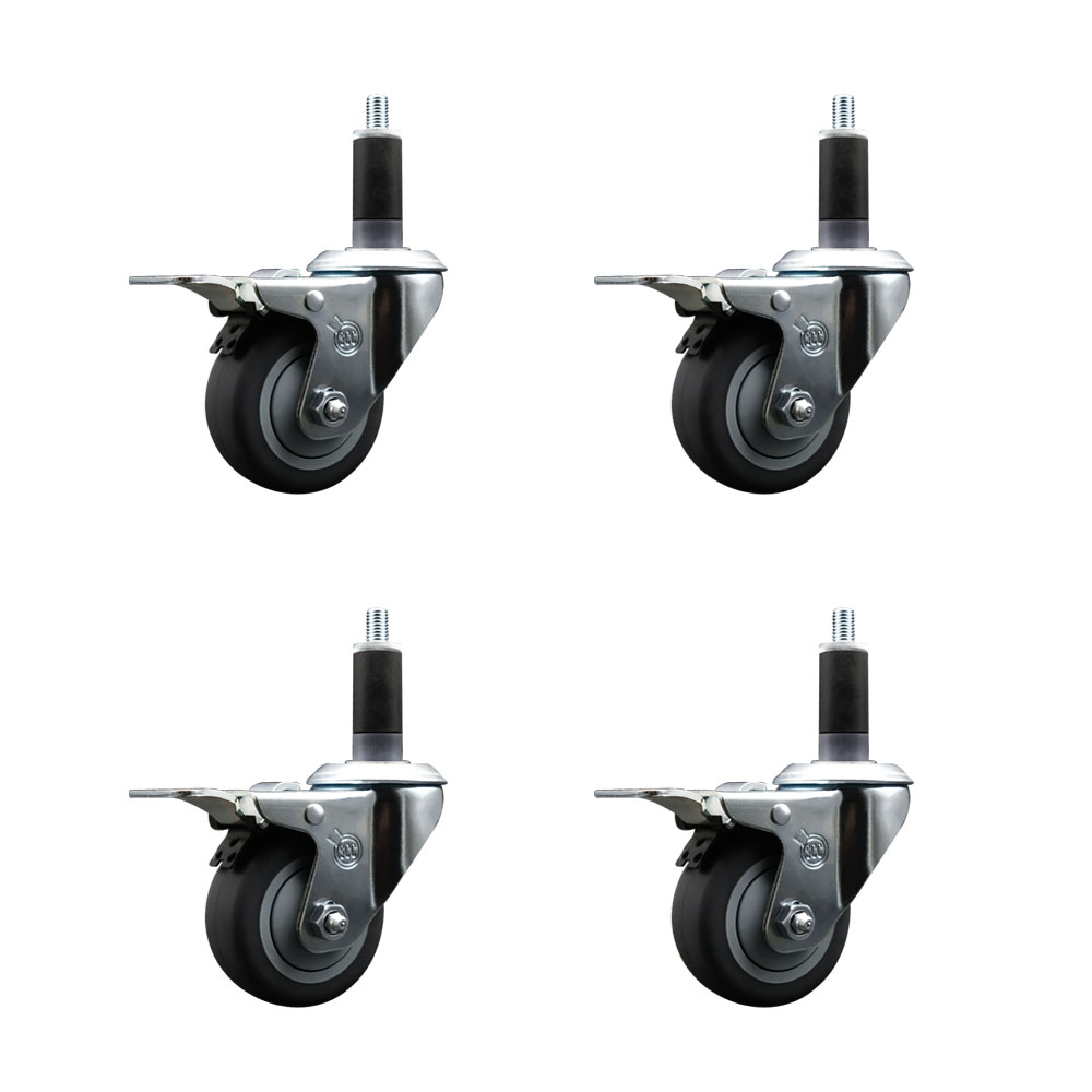 Stainless Steel Thermoplastic Rubber Swivel Expanding Stem Caster Set of 4 with 3 Inch Gray Wheels and 1-1/8" Stems-4 Swivel with Total Locking Brakes-210 lbs. Capacity Per Caster-Service Caster Brand — photo 1