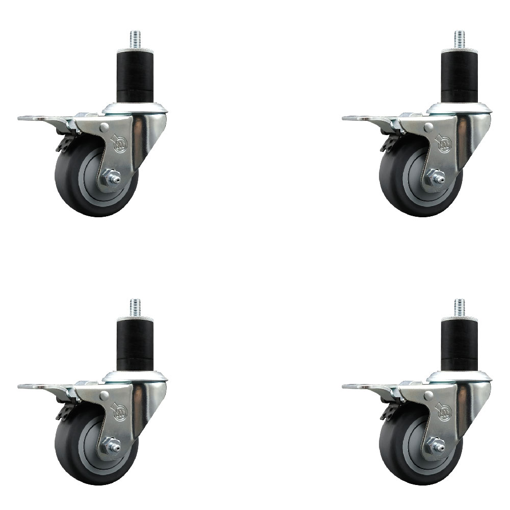Stainless Steel Thermoplastic Rubber Swivel Expanding Stem Caster Set of 4 with 3 Inch Gray Wheels and 1-3/4" Stems-4 Swivel with Total Locking Brakes-210 lbs. Capacity Per Caster-Service Caster Brand — photo 1