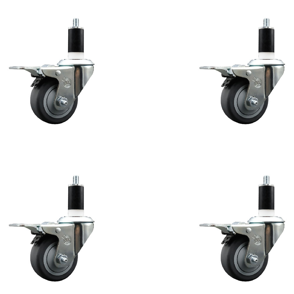 Stainless Steel Thermoplastic Rubber Swivel Expanding Stem Caster Set of 4 with 3 Inch Gray Wheels and 1-3/8" Stems-4 Swivel with Total Locking Brakes-210 lbs. Capacity Per Caster-Service Caster Brand — photo 1