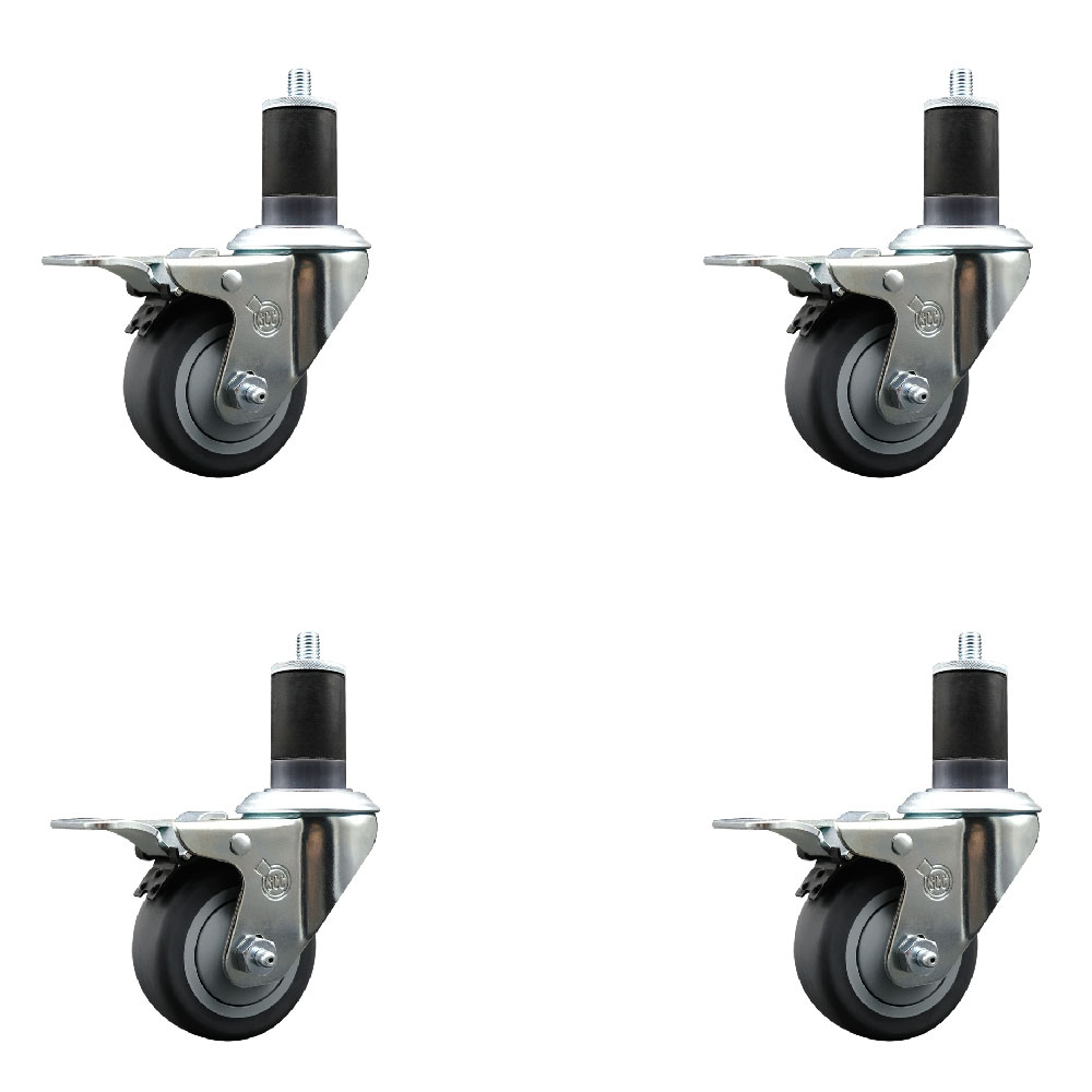 Thermoplastic Rubber Swivel Expanding Stem Caster Set of 4 with 3 Inch Gray Wheels and 1-5/8" Stems - Includes 4 Swivel with Total Locking Brakes - 210 lbs. Capacity Per Caster - Service Caster Brand — photo 1