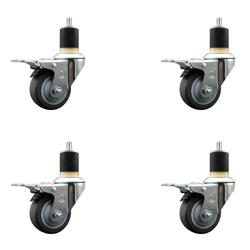 Stainless Steel Thermoplastic Rubber Swivel Expanding Stem Caster Set of 4 with 3 Inch Gray Wheels and 1-7/8" Stems-4 Swivel with Total Locking Brakes-210 lbs. Capacity Per Caster-Service Caster Brand — photo 1