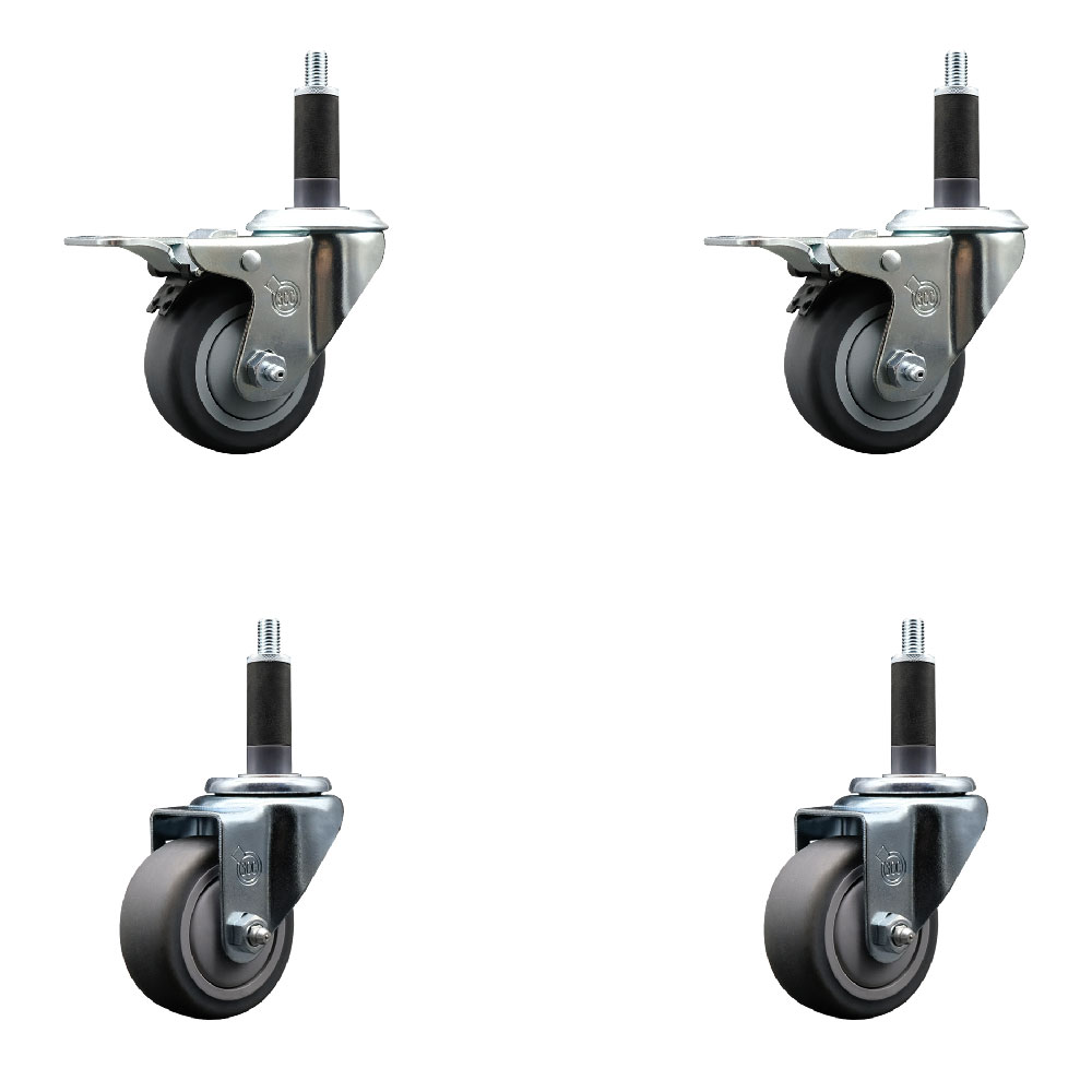 Stainless Steel Thermoplastic Rubber Swivel Expanding Stem Caster Set of 4 with 3 Inch Gray Wheels and 1" Stems - Includes 2 with Total Locking Brakes - 840 lbs Total Capacity - Service Caster Brand — photo 1
